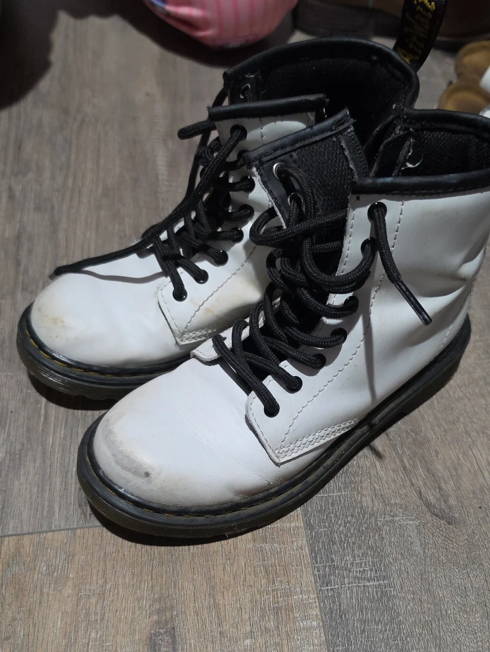 Dr. Martens Kids White Leather Lace-Up Boots with Black Trim